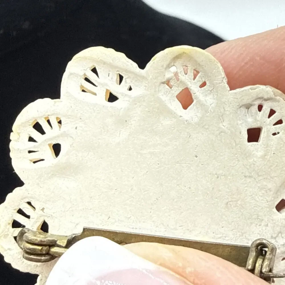 Vintage Celluloid Brooch Carved Floral Openwork Lace Pin With Pearls READ